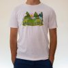 Person wearing a white unisex T-shirt featuring a colorful mountain and forest illustration with the word "Странджа" in Cyrillic.