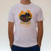 byala-myzhka-teniska-za-planinar-vitosha Man wearing a white unisex T-shirt featuring an illustration of Vitosha mountain, pine trees, a small house, and the text "Витоша" in Cyrillic.