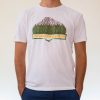 byala-myzhka-teniska-za-planinar-vrachanski-balkan Man wearing a white unisex T-shirt featuring an illustration of Vrachanski Balkan mountains, trees, and the text "Врачански Балкан" in Cyrillic.
