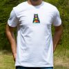byala-teniska-s-mechka-myzhka Man wearing a white unisex T-shirt with a "Boho" bear design on the chest, featuring a colorful mountain landscape, sun, and decorative elements.