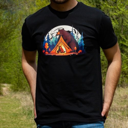 cherna-unisex-teniska-s-mechki-myzhka Man wearing a black unisex T-shirt with a "Bears" design featuring a bear watching over a tent in a colorful forest.