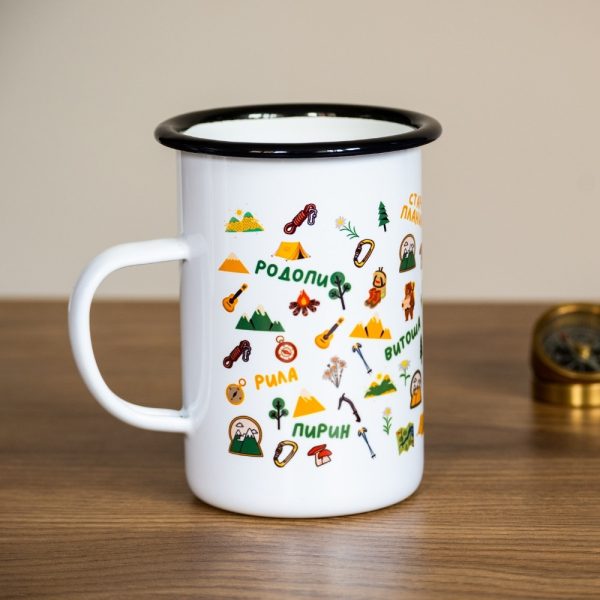metalno-golyamo-kanche-za-planina Metal enamel mug with colorful illustrations of Bulgarian mountains – Vitosha, Rila, Pirin, and Stara Planina