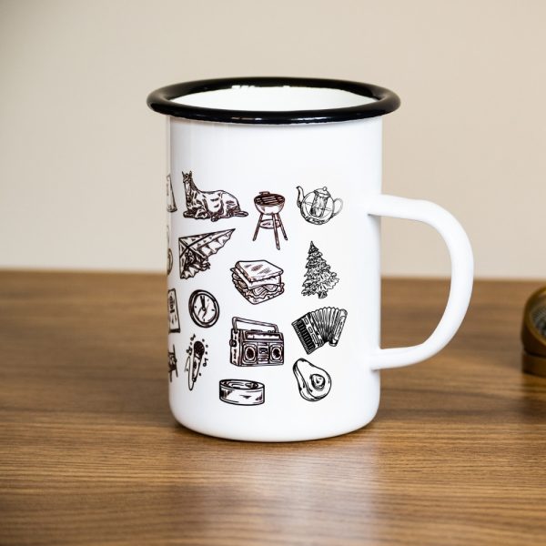 metalno-golyamo-kanche-za-planina-cherno-byalo Metal enamel mug with black and white illustrations of traditional and outdoor-themed objects