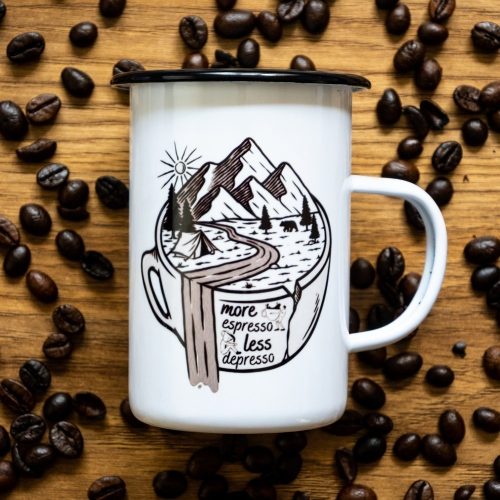 Metal enamel mug with a black and white illustration of mountains, a coffee cup, and the phrase 'More espresso, less depresso'.
