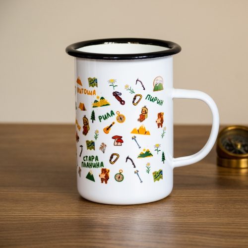 Metal enamel camping mug with mountain-themed illustrations and Bulgarian mountain names.