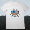 organichen-pamuk-teniska-byala-rila White unisex T-shirt featuring an illustration of Rila mountains, trees, road, birds, and the text "Рила" in Cyrillic.