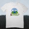 White unisex T-shirt featuring an illustration of the Rhodope Mountains, a tent, a howling wolf, and the text "Родопи" in Cyrillic with musical notes.