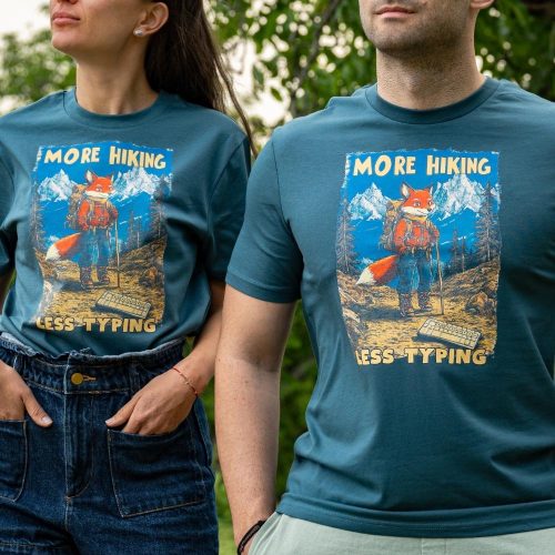 teniska-more-hiking-less-typing Unisex organic cotton t-shirt with fox hiker print and "More Hiking, Less Typing" slogan – outdoor-themed graphic tee.