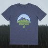teniska-za-planina-siva-pirin Dark gray unisex T-shirt with a "Pirin" design featuring mountain peaks, green hills, and a deer silhouette.