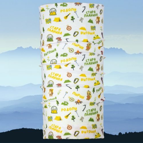 bandana-za-planina-buf Multi-functional buff with a colorful design featuring Bulgarian mountain names and hiking symbols, made from 100% recycled R-PET.