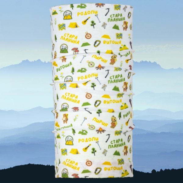 bandana-za-planina-buf Multi-functional buff with a colorful design featuring Bulgarian mountain names and hiking symbols, made from 100% recycled R-PET.