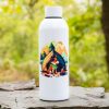butilka-ot-stomana-zdrava-corgi White stainless steel bottle (800 ml) featuring a camping illustration with a dog, tent, mountains, and a campfire.