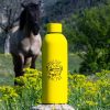 Yellow stainless steel bottle (800 ml) with a camping-themed design, placed on a rock in nature with a horse in the background.