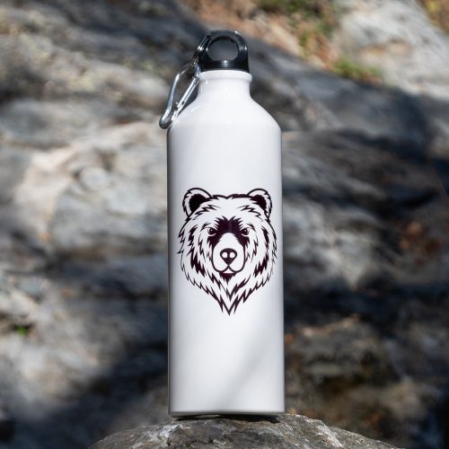 butilka-za-voda-prehodi-mechka Lightweight 800ml aluminum bottle with a bear head illustration, placed on a rock with a rugged mountain background.