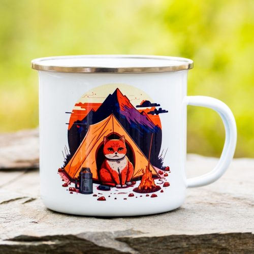 White enamel camping mug featuring an illustration of an orange cat sitting in front of a tent with a campfire, set against a mountain backdrop at sunset.