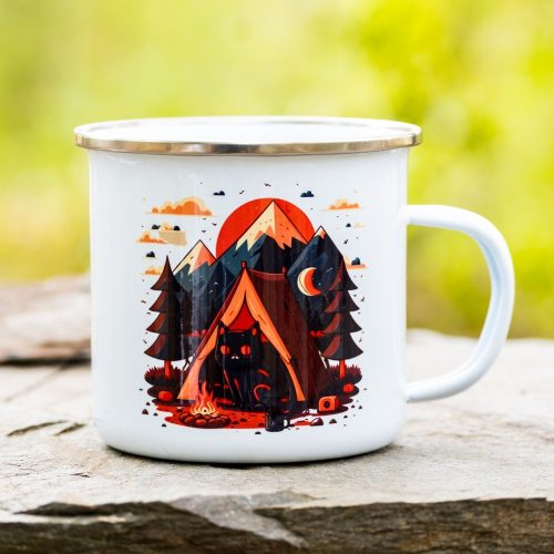 White enamel camping mug featuring an illustration of a black cat sitting inside a tent next to a campfire, surrounded by pine trees, mountains, and a night sky with a crescent moon.