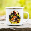 White enamel camping mug featuring an illustration of a fluffy white dog sitting in front of a tent and campfire, surrounded by lush green trees and mountains under a crescent moon.
