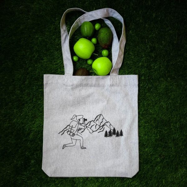 Eco-friendly reusable tote bag made from 80% recycled cotton and 20% recycled polyester. Durable, stylish, and comfortable to carry.