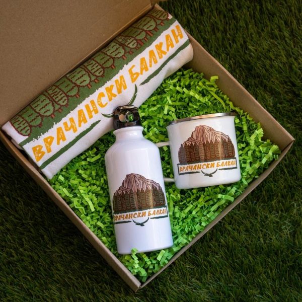 Gift set for hikers: enamel mug, aluminum bottle, and cotton T-shirt with a mountain-themed design, inspired by Vratsa Balkan.