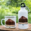 podarak-komplekt-butilka-kanche-vrachanski-balkan White enamel mug and 400ml aluminum bottle featuring a design of Vrachanski Balkan mountains, placed on a wooden surface with a green nature background.