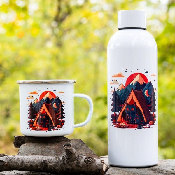 Enamel mug and 800ml stainless steel bottle with a camping-themed design featuring mountains, a tent, a campfire, and a black cat under a starry night sky.