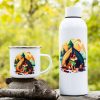 Enamel mug and 800ml stainless steel bottle with a camping-themed design featuring a loyal dog sitting in front of a tent and a campfire, surrounded by mountains and trees.