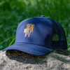 Navy blue mesh cap with an embroidered hiking bear holding a map.