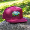 Burgundy snapback cap with embroidered bear design featuring a mountain, forest, and lake landscape.