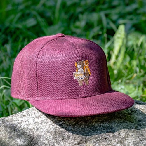 Burgundy snapback cap with an embroidered bear holding a map and wearing a backpack, placed on a rock in a natural setting.