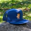Navy blue mesh-back cap with an embroidered bear holding a map, placed on a rock outdoors.