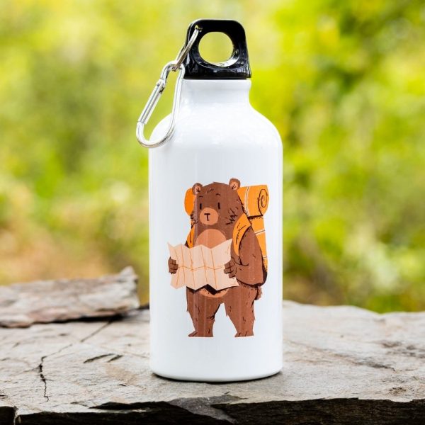 Lightweight 400ml aluminum bottle featuring an illustrated hiking bear, perfect for outdoor adventures and daily use.