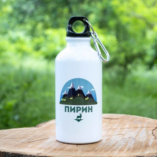 termo-butilka-za-planina-metalna-pirin Lightweight 400ml aluminum water bottle featuring an illustration of Pirin Mountain, with a carabiner for easy carrying.