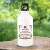 White aluminum water bottle with a carabiner, featuring a Bulgarian folk song verse and nature-themed design.