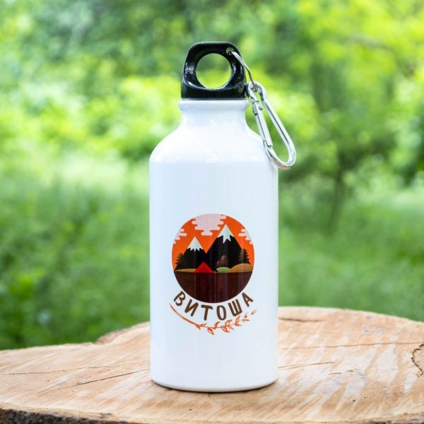 termo-butilka-za-planina-metalna-vitosha Lightweight 400ml aluminum water bottle featuring a Vitosha mountain-inspired design and a carabiner clip