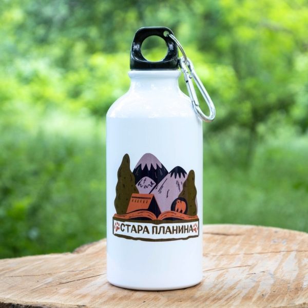 termo-butilka-za-stara-planina Lightweight 400ml aluminum water bottle with a Stara Planina mountain-themed design and a carabiner clip.