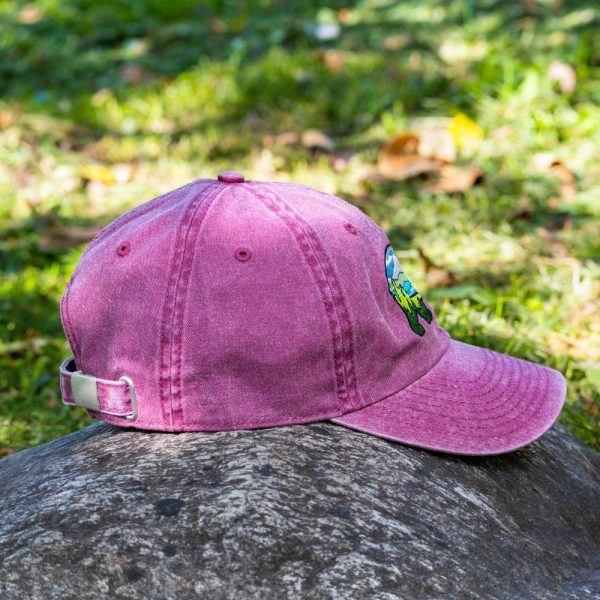 Vintage pink baseball cap with an embroidered bear featuring a scenic nature design, placed on a rock outdoors.