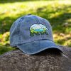 Vintage blue baseball cap with an embroidered bear silhouette featuring a mountain landscape.