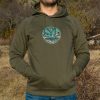 Olive green hoodie with an embroidered mountain and night sky design, featuring a warm and comfortable fit.