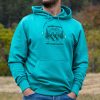 bluza-zelena-myzhko-hoodie turquoise men's hoodie with quote “No bad trails just bad knees” and mountain hikers illustration