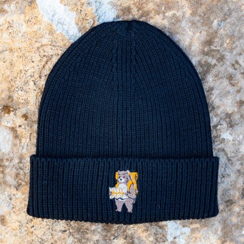 cherna-zimna-shapka-meche black embroidered winter beanie with bear tourist design, made of 50% acrylic and 50% recycled polyester, unisex one size
