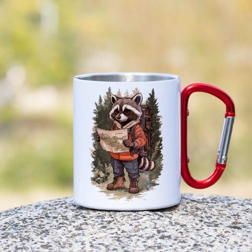 kanche-racoon-mieshta-mechka-enot metal thermo mug with carabiner and raccoon tourist design holding a map