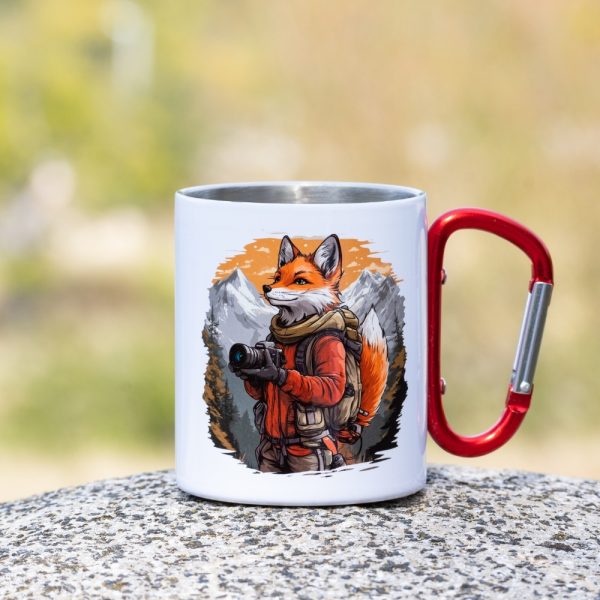 kanche-s-lisitsa-fotograf metal thermo mug with carabiner and fox photographer design holding a camera in the mountains