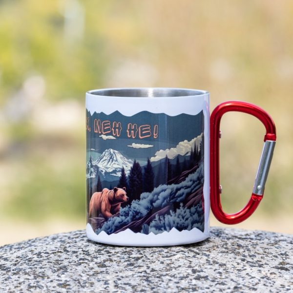 metal thermo mug with carabiner and mountain biker bear themed design with text “No fear”