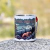 metal camping mug with carabiner featuring bear and mountain landscape design with quote