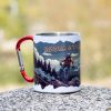 metal thermo mug with carabiner and mountain biker bear design with quote