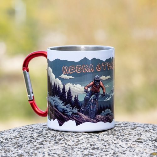 mountain-bike-kanche metal thermo mug with carabiner and mountain biker bear design with quote