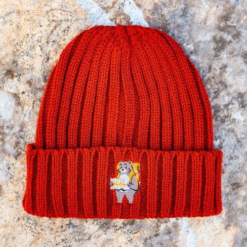 oranzheva-zimna-shapka-pletena orange embroidered winter beanie with bear tourist design, made of 50% acrylic and 50% recycled polyester, unisex one size