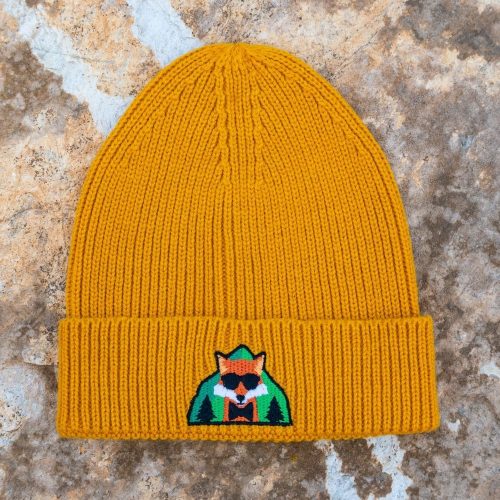 zhalta-zimna-shapka-gorchitsa mustard yellow knitted winter beanie with fox and forest embroidery, made of 50% acrylic and 50% recycled polyester, unisex one size
