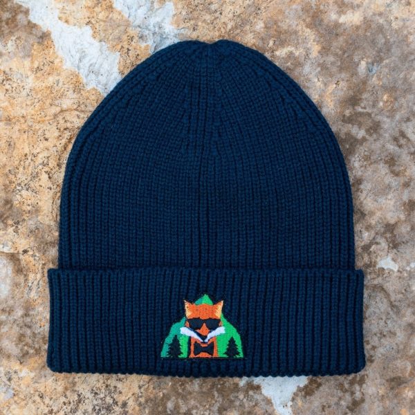 navy blue knitted winter beanie with fox and forest embroidery, made of 50% acrylic and 50% recycled polyester, unisex one size