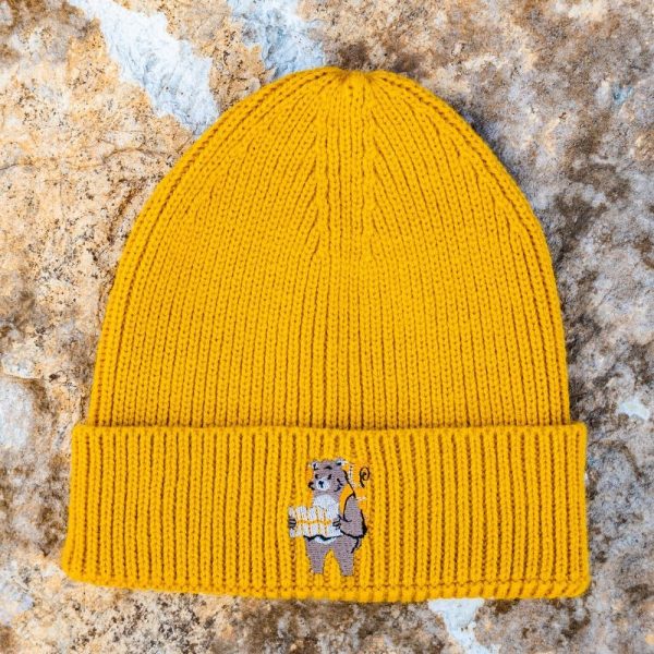 zimna-shapka-zhylta-gorchitsa-pletena mustard yellow embroidered winter beanie with bear tourist design, made of 50% acrylic and 50% recycled polyester, unisex one size
